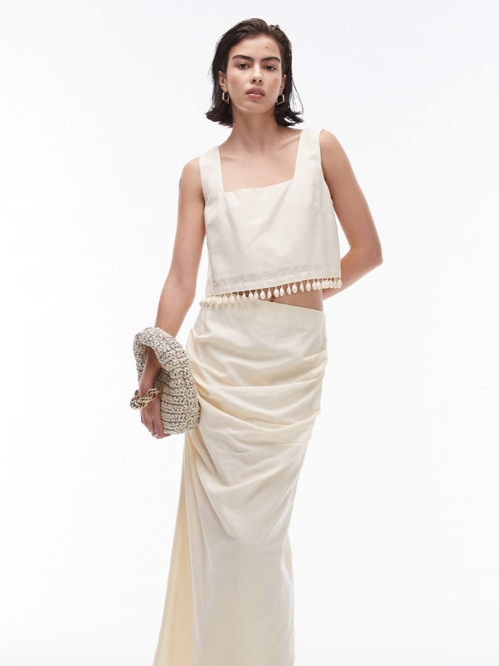 Topshop shell trim square neck crop top in buttermilk